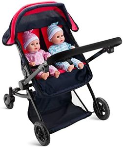 Double Doll Stroller for Twin Baby Dolls - Convertible Seat Toy Stroller for Toddlers 3 years and up, Adjustable Handle with Storage Basket, Red Design for Kids