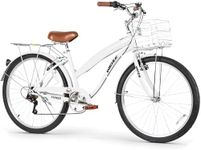 WEIZE Beach Cruiser Bike, 26 inch Commuter Bicycle for Adult Men and Women, 7-Speed/High-Carbon Steel/Front & Rear Fenders, Comfortable City Bikes with Rear Rack&Basket, Ergonomic Upright Design,White