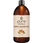 Pure World Natural Almond Oil 1 Litre, 1000ml REAL 100% Pure and Undiluted. Cold & Freshly Pressed Premium Quality Almond Oil – Message, Skin, Nails, Body and Face, Edible Vegan.