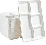 Arya PACKAGING 50pcs Large Disposable Plates with compartments, 11” inch 5 Compartment Plates, Sugarcane Bagasse Paper Trays, Divided Plates for Hot Food, Portion Control Plates (Pack of 50)