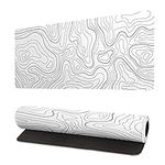 Topographic Contour White Gaming Mouse Pad XL Geographic Map Lines Extended Big Large Desk Mat Non-Slip Rubber Base Stitched Edge Long Keyboard Mousepad for PC Computer Laptop,31.5x11.8 Inch