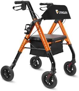 FlyingJoy Rollator Walker with Seat and Brakes, 300 lbs Adults Bariatric Walker for Seniors with Extra Wide Backrest, Lightweight Folding Adjustable Height, All Terrain Rolling Walker 8 Inch 4 Wheels