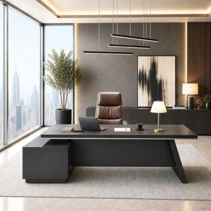 L-Shaped Executive Desk, 87 Inch Executive & Manager Office Desk With Power Outlet & USB Ports, Storage Cabinets & Drawers, Cable Management, Dual-Tone Black, Right Return, 87" L x 63" W x 30" H