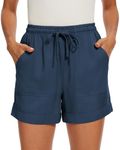 SMENG Ladies Summer Solid Colour Workout Drawstring Elastic Waist Shorts Lounge with Pockets Loose Casual Pants Blue L