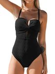 CUPSHE Women's Swimming Costume One Piece Swimsuit Wrapped Back Tie Plunge Cutout Swimwear Molded Cups Black M