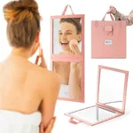 BRÜUN Backstage Hanging Mirror 25" x 11.4" Inches for Dance Bag with Dimmable LED Lights for Focused Glow – A Rose Colored Foldable Mirror for Dancers and Artists with Touch Sensitive Power Button