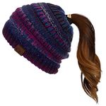 C.C Exclusives Soft Stretch Cable Knit Messy Bun Ponytail Beanie Winter Hat for Women (MB-20A), Purple Mix, One Size