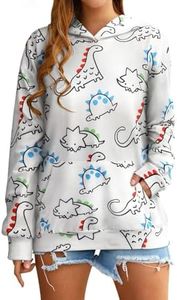 RMCMS Women Dinosaur Funny Hoodie Sweatshirt Pocket Crewneck Casual Loose Cute Tops Long Sleeve Hoodied Pullover Shirt White