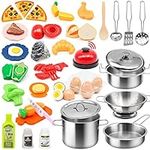 37Items 59Pcs Kids Pretend Play Kitchen Accessories Set, Stainless Steel Play Pots and Pans Sets for Kids, Cooking Utensils, Play Food Pizza Knife Kitchen Playset Toys Gift for Boys Girls Toddlers