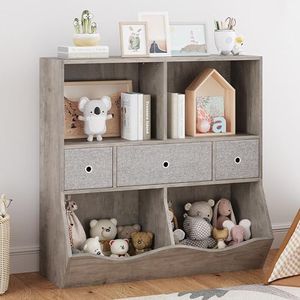 Alkmaar Kids Bookshelf and Bookcase Toy Storage Multi Shelf with Cubby Organizer Cabinet and Drawers for Boys Girls for Children's Room Playroom Hallway Bedroom (Grey)