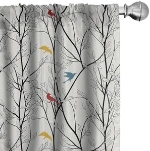 Ambesonne Forest Window Curtains Pack of 2, Woodland Inspired Abstract Design Leafy Tree Branches and Colorful Birds, Lightweight Set with Rod Pocket, 4 Panels of - 28" x 63", Coconut White