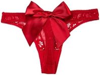 OYOANGLE Women's Bow Sheer V-Strings Low Rise Thong Panties Underwear Red Small