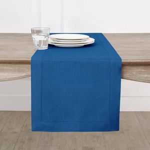 Solino Home Linen Indigo Blue Table Runner 156 Inches Long - 100% Pure Linen Extra Long Table Runner 14 x 156 Inch for Spring, Summer - Classic Hemstitch