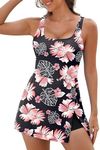 Aleumdr One Piece Swimdress Swimsuit for Women Tummy Control Split Swim Dress Skirt Bathing Suit with Pockets Floral Black Medium