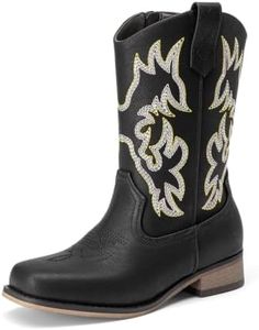 Athlefit Cowboy Boots for Boys Girls Kids Western Square Toe Side Zipper Girls Cowgirl Boots Black Riding Boots Size 4 Big Kid