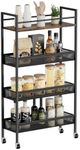 Dunatou Slim Kitchen Storage Cart, 4-Tier 5.9 in Wide Kitchen Slim Rolling Cart, Narrow Metal Kitchen Cart with Handle and Wood Top, Metal Organization and Storage Shelf for Kitchen, Bathroom, Black