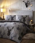 DUVET COVER BED SETS - TARTAN STAG REVERSIBLE BEDDING CHECKED QUILT COVER BED SET GREYS (Double)