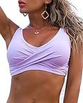 Fanuerg Women's Twist Front Bikini Top V Neck Push Up Padded Swimsuit Top Bathing Suits, 01- Purple, Large