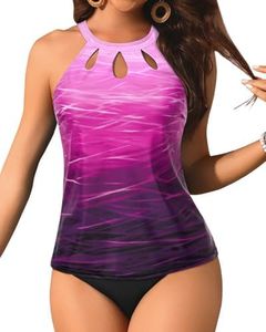 Yonique Two Piece High Neck Tankini Swimsuits for Women Tummy Control Bathing Suits Swimwear Pink Gradient XL