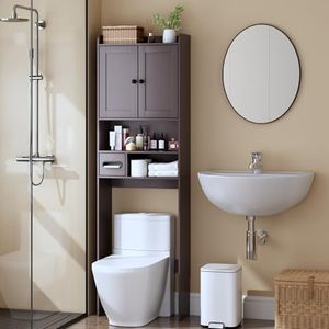 Nivisre Over the Toilet Storage Cabinet, Tall Slim Bathroom Organizer with Doors, Adjustable Shelves & Built-in Toilet Paper Holder, Space-Saving Above Toilet Cabinet for Small Bathrooms (Espresso)