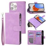 RANYOK Wallet Case for iPhone 15 Pro Max with Card Holder, Premium PU Leather with RFID Blocking Zipper Flip Folio Wallet Wrist Strap Magnetic Clasp Kickstand Protective Case -6.7 Inch (Purple)