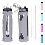 Glass Water Bottles with Straw and Flip Lid, Motivational Water Bottles with Time Marker Reminder and Silicone Sleeve, Leakproof, BPA Free (32oz, Grey)