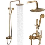 Airuida Antique Brass Exposed Pipe Shower System Single Handle 8 Inch Rainfall Shower Head Solid Copper Diverter Adjustable Shower Head Bar Modern Dual Functions Shower Faucet Combo Unit Set