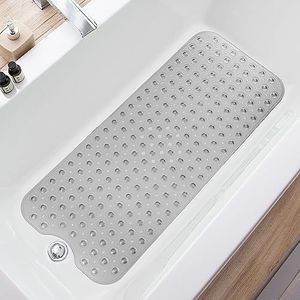 TEESHLY Extra Long Non-Slip Bath Mat with Drain Holes and Suction Cups, 39 x 16 Inch Mat for Bathtub and Shower, Machine Washable (Clear Grey)