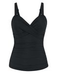 Hilor Women's Underwire Tankini Top Ruched Tummy Control Bathing Suit Tops Twist V Neck Swim Top Swimwear Only, Black, 10