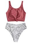 ZAFUL Women's Scoop Neck Tropical Leaf Knotted Two Pieces Tankini Set Swimsuit (Multi-i Cherry Red, L)