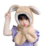 Kid Animal Hooded Scarf Girl Winter Trapper Hat with Earflap 3 in 1 Cute Bear Rabbit Beanie Children Plush Pocket Glove Set, Rabbit Khaki, One Size