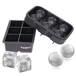 Ticent & Co Silicone Ice Cube Trays (Set of 2), Sphere Ice Ball Maker with Lid & Large Square Moulds, Reusable & BPA Free