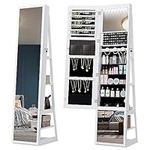 Hzuaneri 16 LEDs Jewelry Cabinet Armoire, 63"H Standing Jewelry Organizer with 360° Rotating Base, Lockable Full-length Mirror, Large 4-tier Storage Shelves, 4-in-1 design, White and Black JC16003B