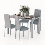 Jooli H Dining Table and Chairs Set 4, Glass Kitchen Table and 4 Faux Leather Foam High Back Padded Chairs Modern Furniture Sets for Dining Room, Kitchen, Office, Lounge, Grey