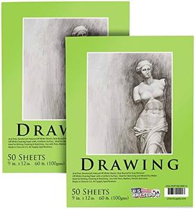 U.S. Art Supply 9" x 12" Premium Drawing Paper Pad, Pack of 2, 50 Sheets Each, 60lb (100gsm) - Artist Sketch Mixed Media Paper, Acid-Free - Graphite Colored Pencils, Charcoal - Kids, Adults, Students