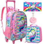 3PCS Rolling Backpack for Girls, Kids Roller Wheels Bookbag, Wheeled School Bag with Lunch Bag - Unicorn