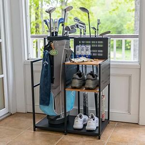 Teal Triangle Freestanding Golf Club Organizer, Stylish Heavy Duty Garage Storage Floor Stand, Holds 1 Golf Bag Shoes Clubs Balls and More