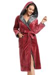 Vislivin Fleece Dressing Gown for Women Fluffy Hooded Dressing Gown Luxury Robe Soft Bathrobe Wine Red-M