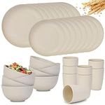 RVXHUA 32-Piece Premium Plastic Dinnerware Sets for 8, Unbreakable Wheat Straw Cups Plates and Bowls Set, Microwave and Dishwasher Safe Kitchen Dish Set for RV Camping Picnic Dorm, Beige