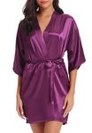 Wikoan Women's Satin Dressing Gown, Soft Silk Robe Lightweight Sleepwear for Bridal, Wedding Party Robes with Oblique V-Neck,L,Dark Purple