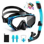 HIKOTEY Children's Snorkel Set,Panoramic Wide View Diving Mask,Snorkeling Gear Anti-Leak and Anti-Fog Tempered Glass Lens,Dry Snorkel Tube,Includes Earplugs and Nose Clip for Age 4-16 Years(Blue+Black