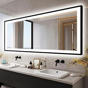 EchosLife 96x36 Large LED Bathroom Mirror with Lights - Black Aluminum(Front and Backlit),Anti-Fog Lighted Mirror for Wall,Stepless Dimmable Lighted Mirror,3 Colors Smart Mirror(Horizontal/Vertical)