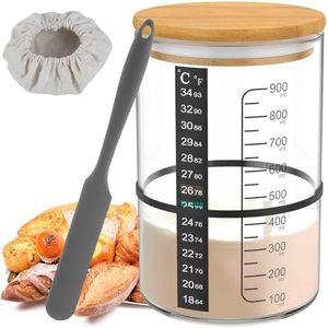 6Pcs Sourdough Starter Jar, 900ml Wide Mouth Sourdough Starter Kit with Scale Thermometer Paper,Spatula,Wooden Lid Cloth Cover,Bread Starter Kit for Sourdough Bread Baking Supplies(Fabric)
