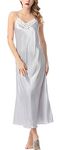 FEOYA Women's Lace Satin Nighties V-Neck Sexy Nightdress Adjustable Spaghetti Strap Long Silky Pyjamas Dress for Women Silver