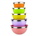 Raking Stainless Steel Mixing Bowls with Colorful Lids, 5 Pack Nesting Metal Bowls for Space Saving Storage, Great for Kitchen, Camping, Cooking, Baking, Serving, Prepping (Multi-Color)