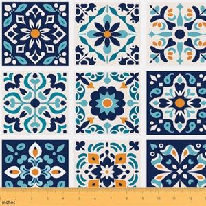 Catabedysis Mexican Talavera Tile Upholstery Fabric Blue Vintage Flowers Outdoor Fabric By The Yard 10 Yard Ethnic Checkered Squares Waterproof Fabric Aesthetic Geometric Art Indoor Home DIY Decor