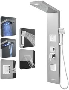 ROVOGO Shower Panel Tower System with Led Lights, Rainfall Waterfall Shower Head, 2 Big Body Jets, Handheld and Tub Spout, Stainless Steel Shower Column Brushed