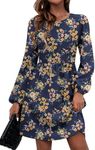 Zeagoo Casual Blue Printed Dresses with Pockets Women Fall Sweater Dress Long Sleeve A Line Dress Womens Loose Knee Length Dresses Large