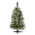 Nearly Natural 3ft. Frosted Swiss Pine Artificial Christmas Tree with 50 Clear LED Lights and Berries