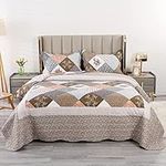 Qucover Brown Quilted Bedspread King Size, Soft Microfiber-Cotton Vintage Patchwork Bed Spread Flower Pattern Lightweight Bedspreads Coverlet Set with Pillow Shams, 230 * 250 cm